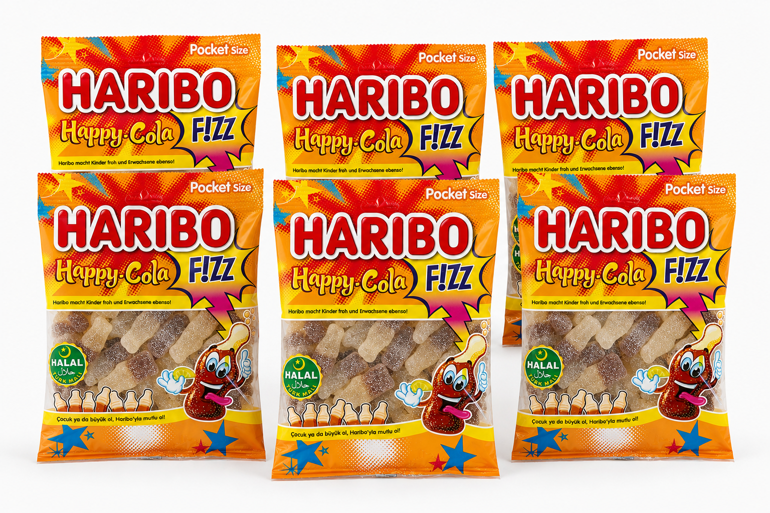 Haribo Happy Cola F!ZZ Halal – 6 Beutel à 100 g saure halal Cola-Flaschen Vorratspack