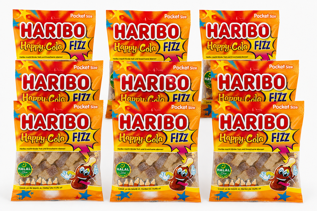 Haribo Happy Cola F!ZZ Halal – 9 Beutel à 100 g saure halal Cola-Flaschen Großpackung