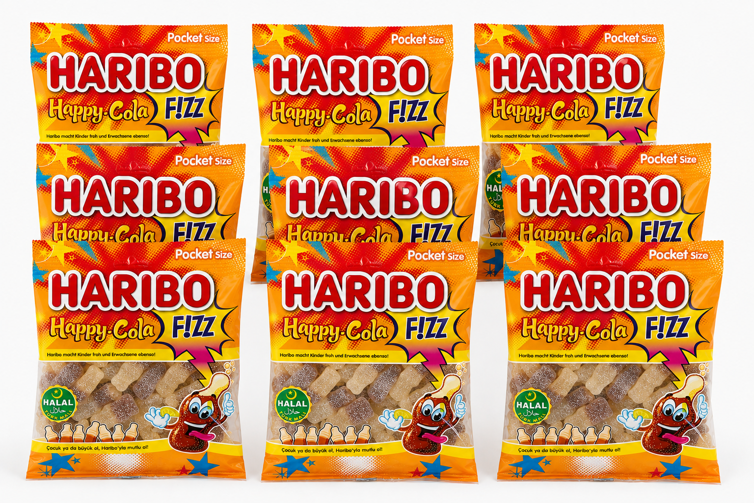 Haribo Happy Cola F!ZZ Halal – 9 Beutel à 100 g saure halal Cola-Flaschen Großpackung