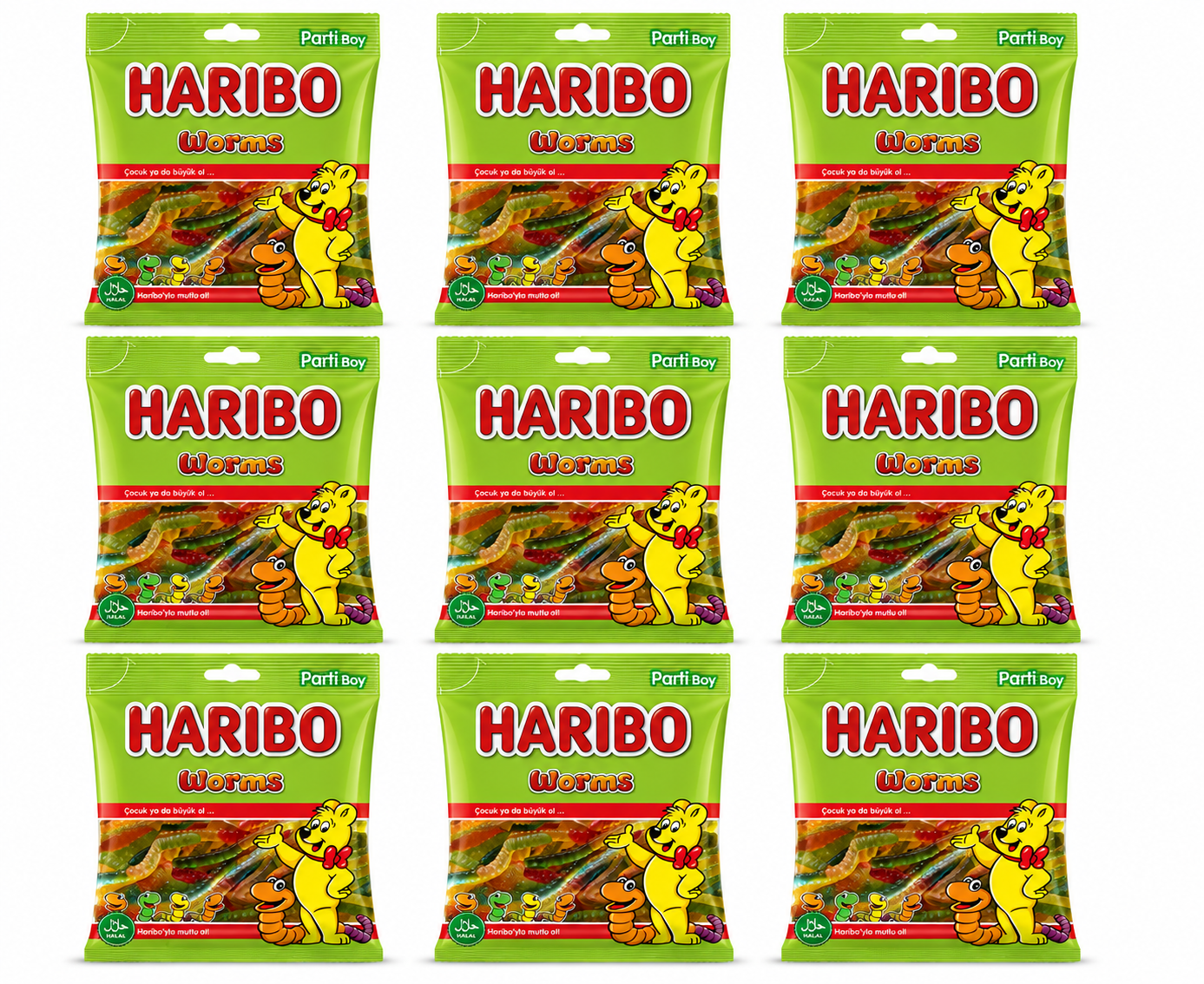 Haribo Mix Worms Halal – 9 Beutel à 100 g saure halal Würmer Großpackung