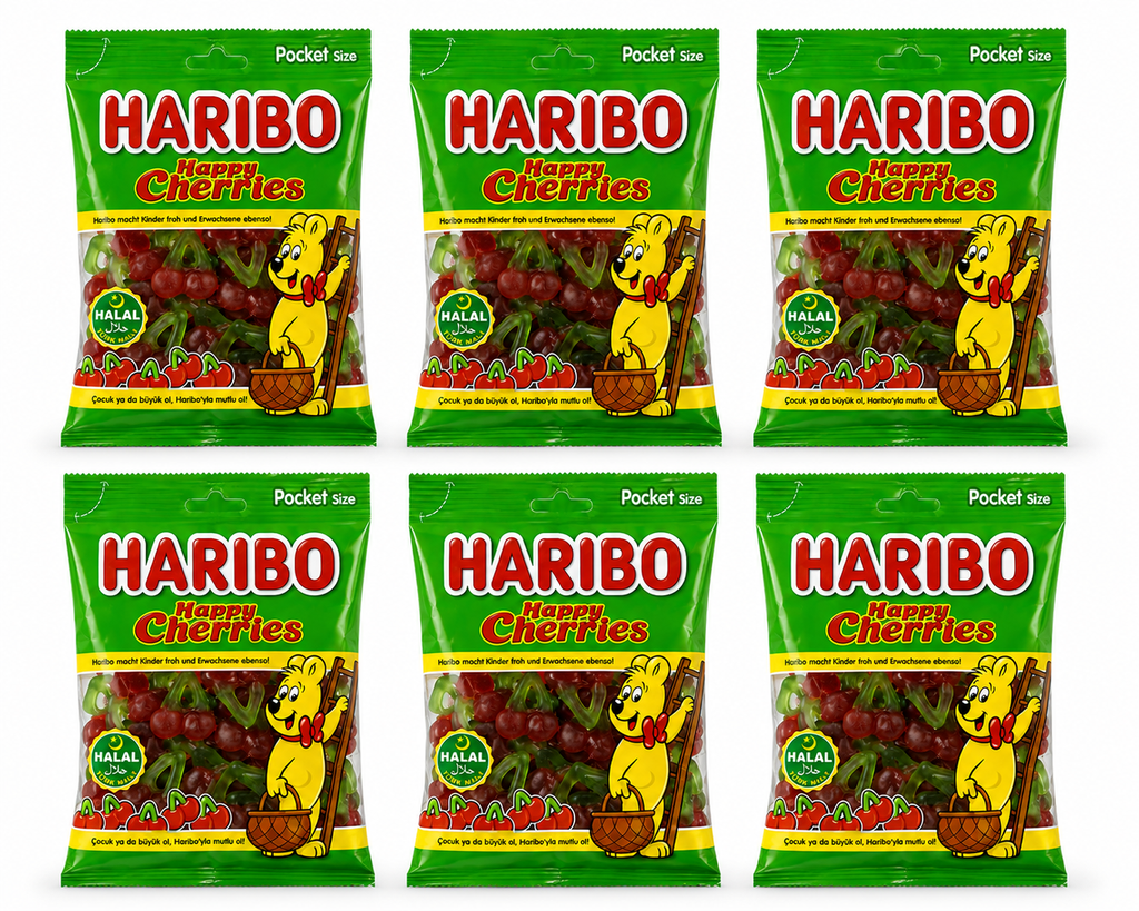 Haribo Happy Cherries Halal – 6 Beutel à 100 g halal Kirsch-Fruchtgummi Vorratspack