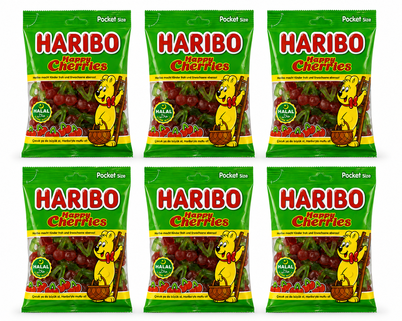 Haribo Happy Cherries Halal – 6 Beutel à 100 g halal Kirsch-Fruchtgummi Vorratspack