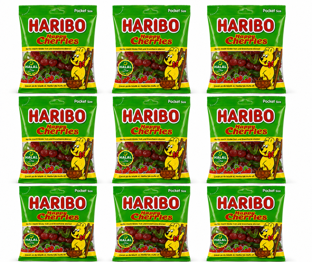 Haribo Happy Cherries Halal – 9 Beutel à 100 g halal Kirsch-Fruchtgummi Großpackung