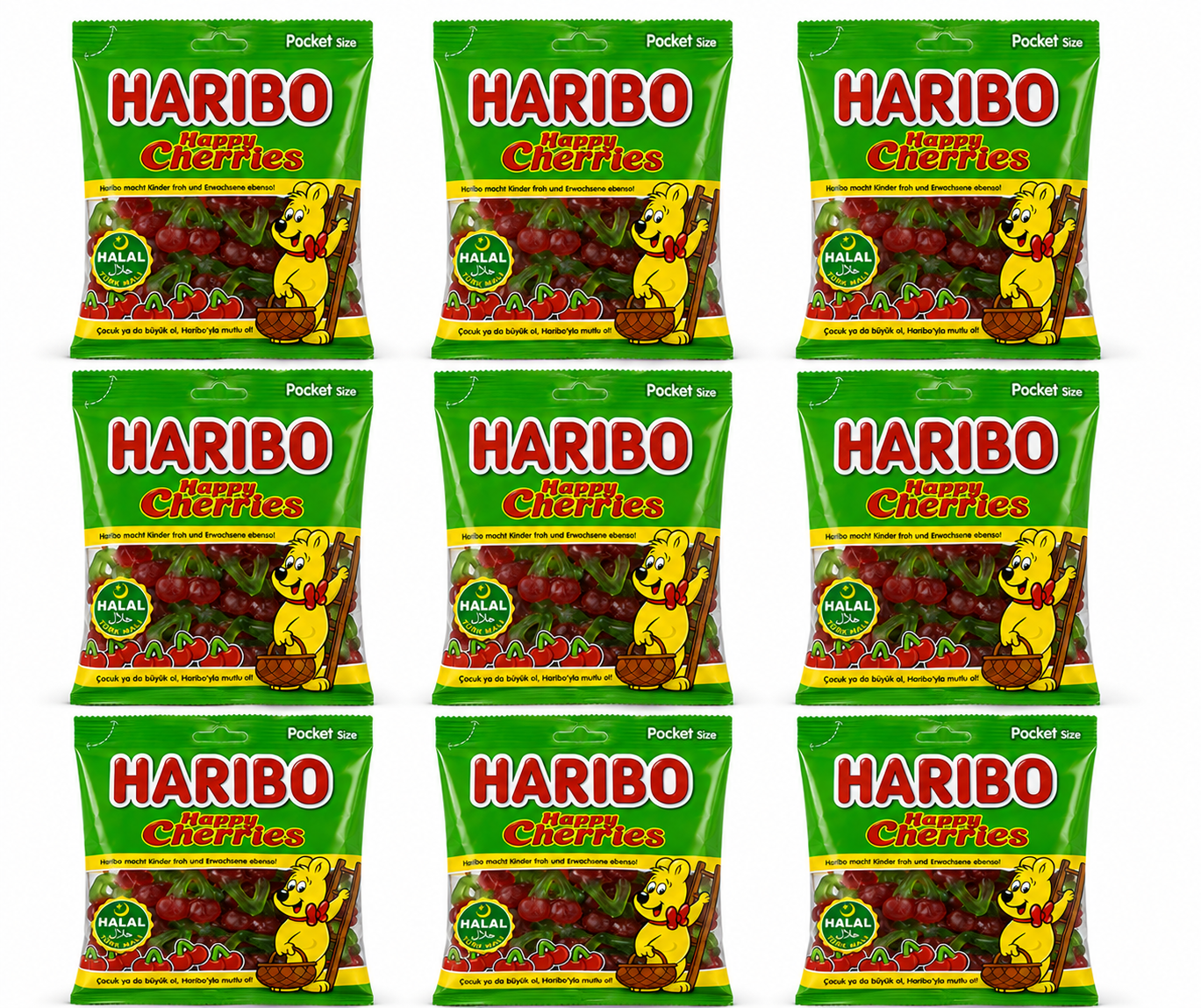 Haribo Happy Cherries Halal – 9 Beutel à 100 g halal Kirsch-Fruchtgummi Großpackung
