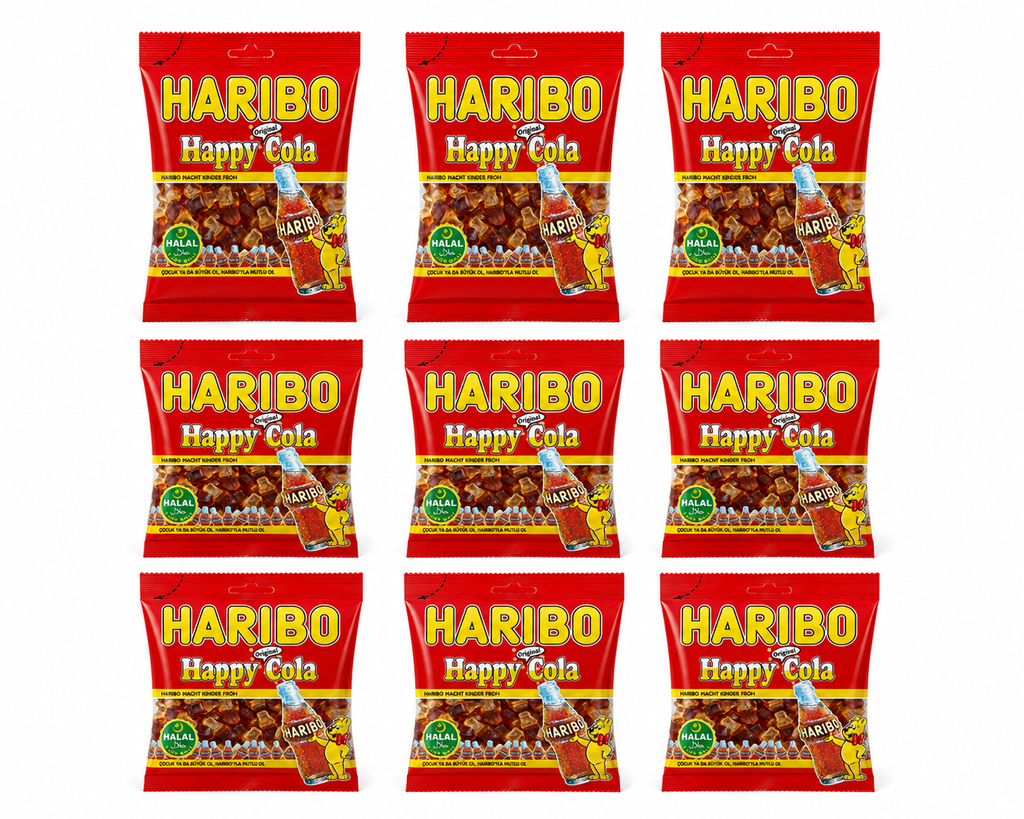 Haribo Happy Cola Halal – 9 Beutel à 100 g halal Cola-Flaschen Großpackung