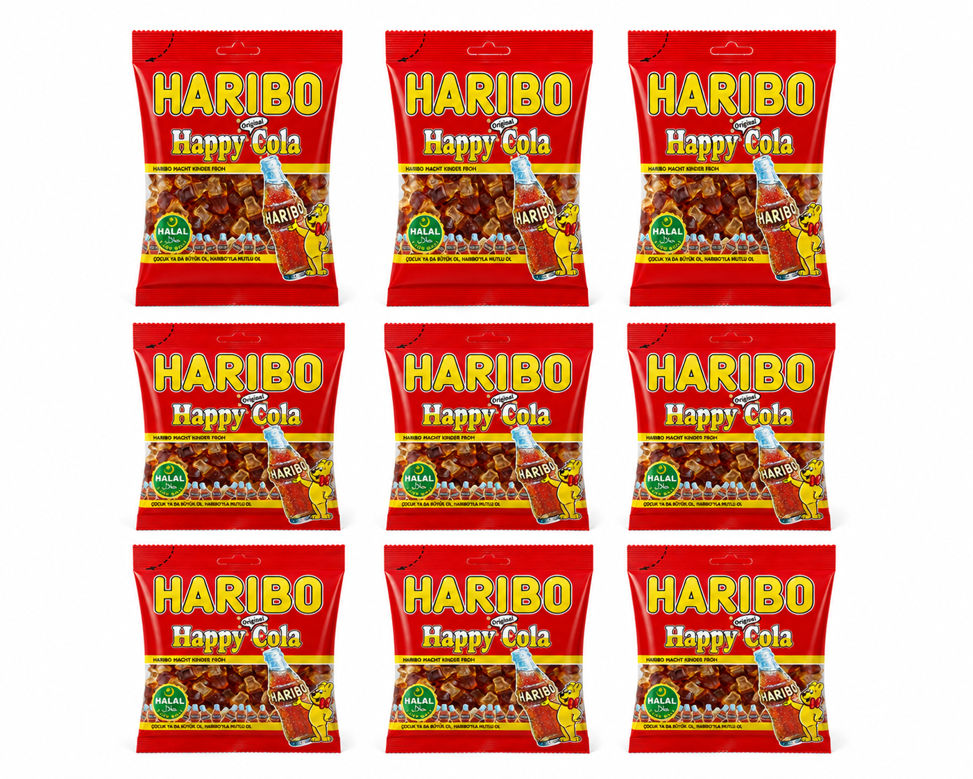 Haribo Happy Cola Halal – 9 Beutel à 100 g halal Cola-Flaschen Großpackung