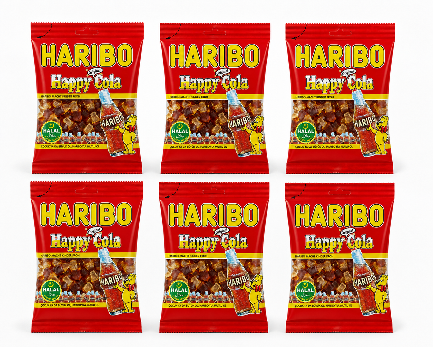 Haribo Happy Cola Halal – 6 Beutel à 100 g halal Cola-Flaschen Vorratspack