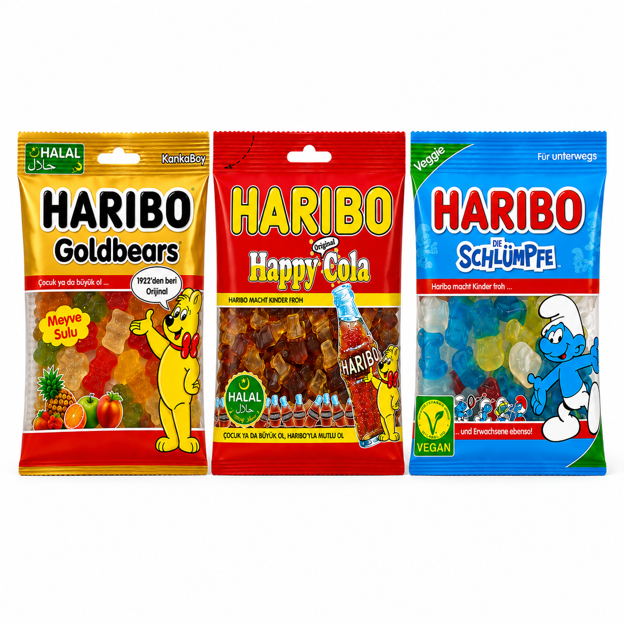 3er-Box – drei Sorten halal Fruchtgummi: Goldbears, Happy Cola, Schlümpfe