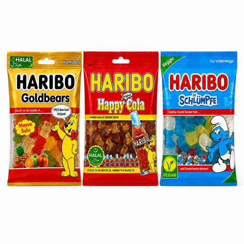 3er-Box – drei Sorten halal Fruchtgummi: Goldbears, Happy Cola, Schlümpfe