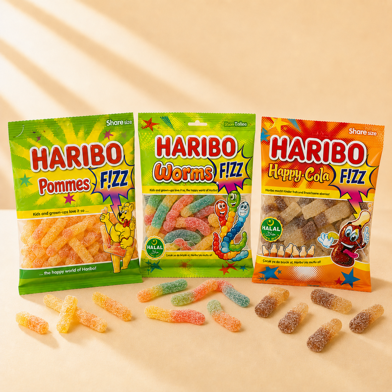Sauer-Paket – drei saure halal Sorten: Pommes F!ZZ, Mix Worms, Happy Cola F!ZZ